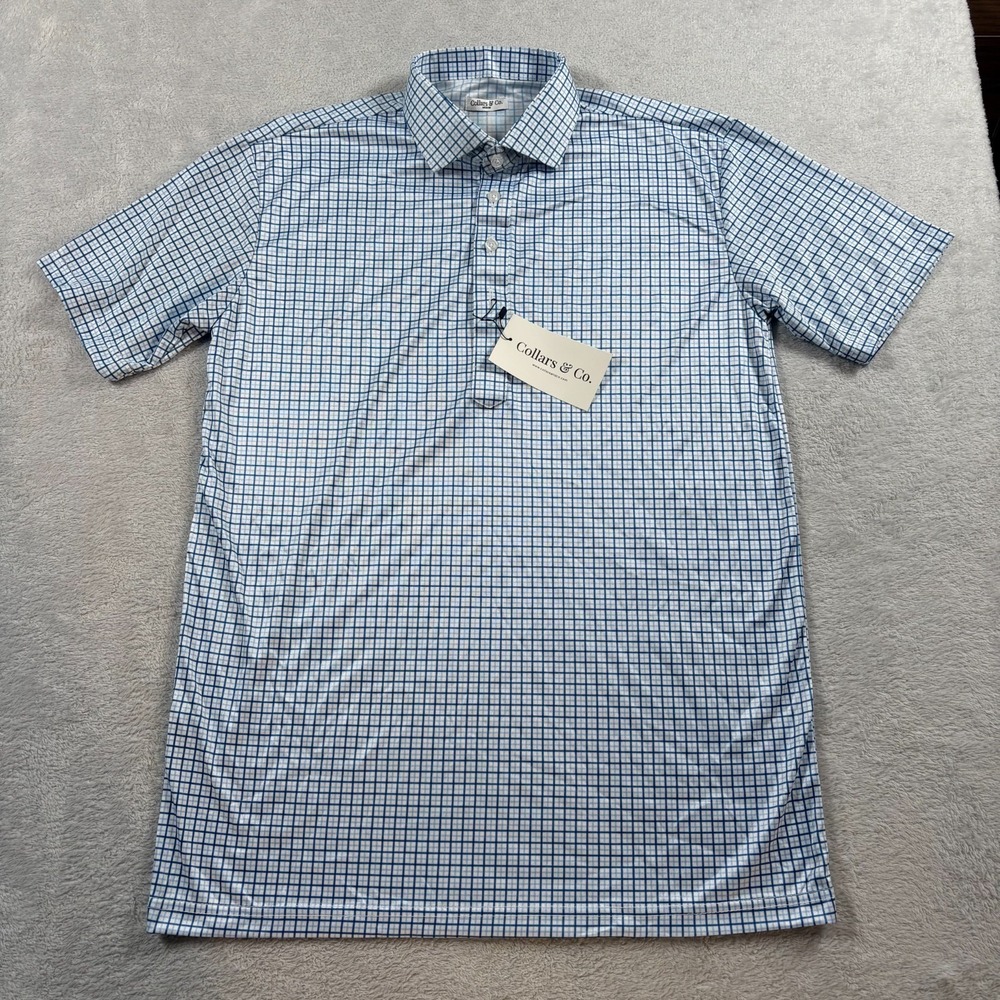 Collars & Co. Polo Shirt Mens Medium‎ Blue Plaid Plaid Stretch Wrinkle Resistant